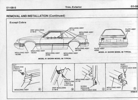 1993 Ford Mustang - Diagram details the removal and installation process for exterior trim components on a Ford Mustang.
