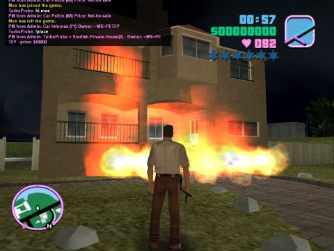 1990 Ford Probe - A house is engulfed in flames in this video game screenshot, with a character observing the scene.