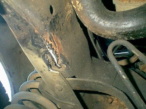 1983 Ford Bronco - here is the frame where the mount tore off of. you can see the 2 holes in the frame i used these with the new mount. Funny thing is the new…
