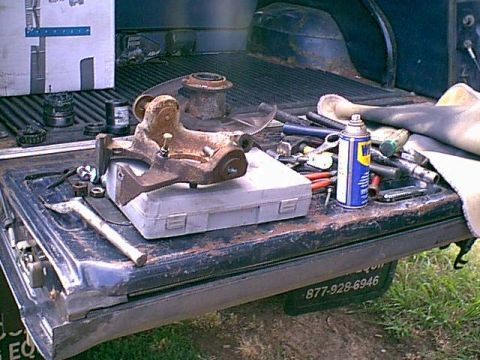 1983 Ford Bronco - here is the knuckle assembly ready to press out the ball jints. I ran into an issue the C-press was not deep enough to press out the old jo…
