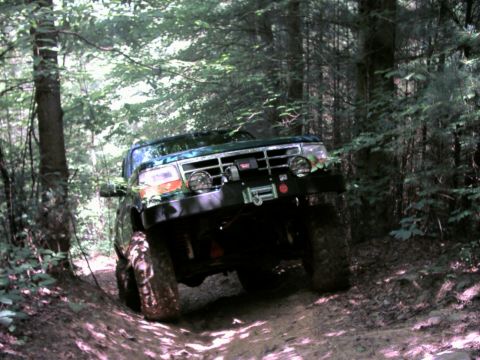 1996 Ford Bronco - A green Ford Bronco navigates a wooded trail, its front end angled towards the camera.