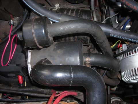 1995 Ford Bronco - Close-up view of engine bay components including hoses and alternator.