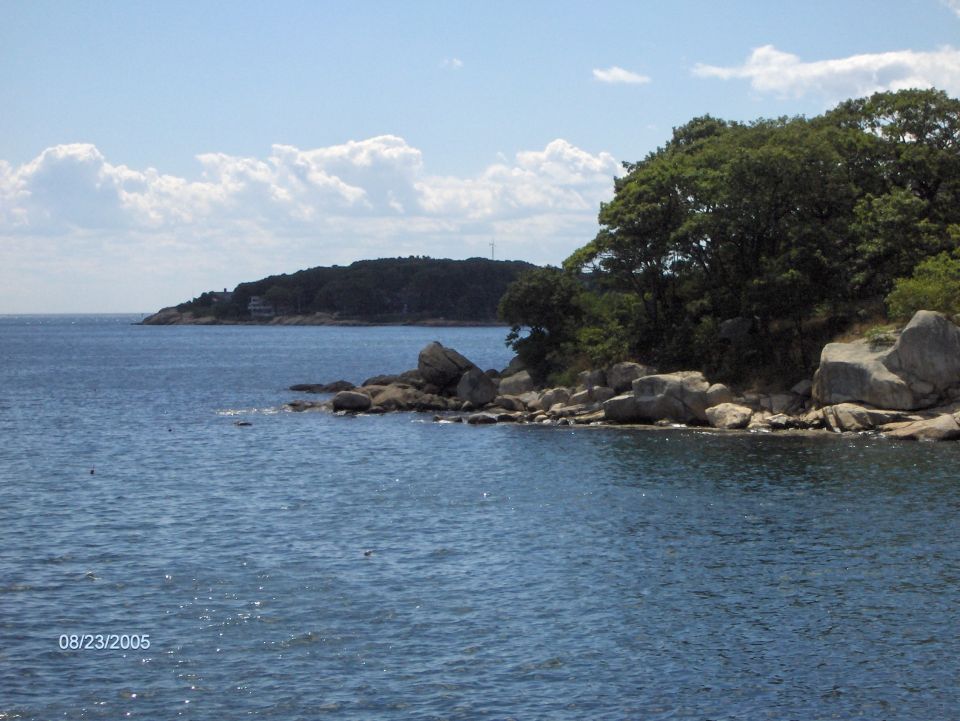 Rocky coastal shoreline with blue water and trees under a partly cloudy sky