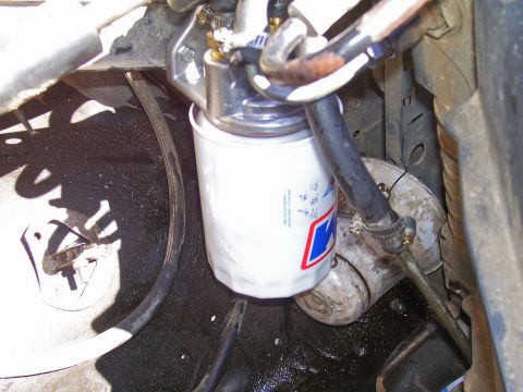 1991 Ford Bronco - This image shows a close-up view of a vehicle's oil filter and associated hoses, with some oil residue visible.