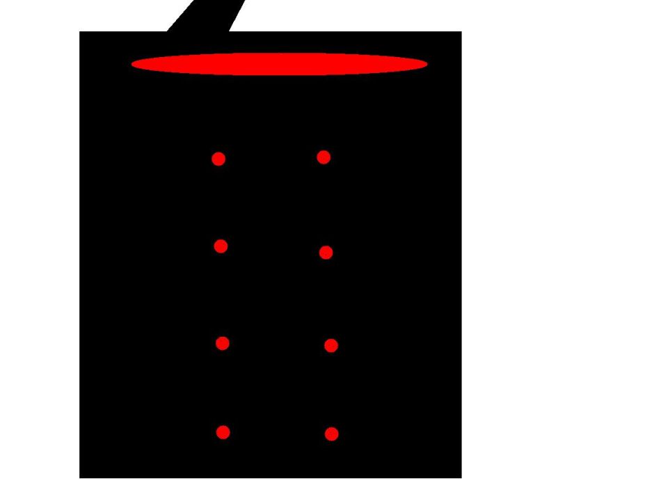 Abstract black graphic with a red oval and grid of red dots