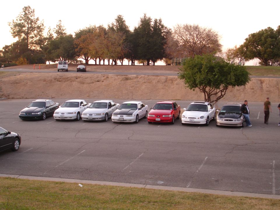 Group of white and red Ford Taurus sedans parked in a lot, one with hood open