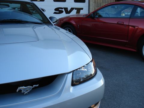1998 Ford Taurus - A silver 2000 Ford Mustang is parked in front of a red 2000 Ford Mustang, with an SVT logo visible on a garage door in the background.