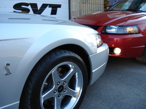 1998 Ford Taurus - Two Ford Mustangs, one silver SVT Cobra and a red one, are parked outside a garage with an SVT logo.