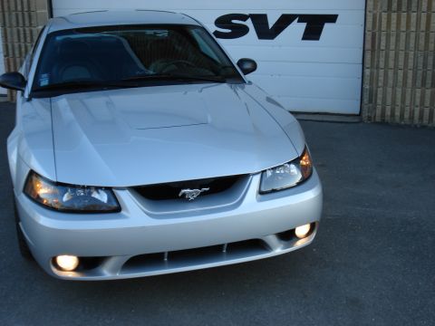 1998 Ford Taurus - A silver Ford Mustang is parked in front of a garage door with an SVT logo.