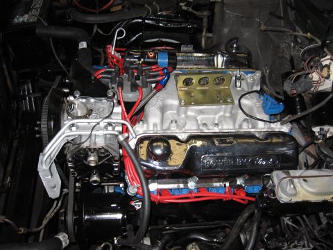 1973 Ford Ranchero - Close-up view of a Ford V8 engine, showing the intake manifold and valve covers.