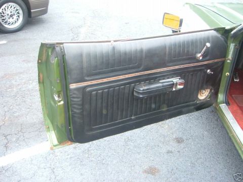 1973 Ford Ranchero - Interior view of a 1973 Ford Ranchero's green exterior and black door panel.