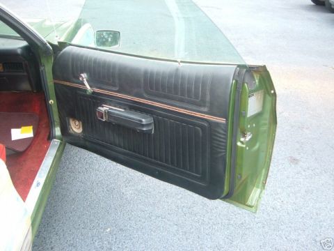 1973 Ford Ranchero - Interior view of a car door, showing the black vinyl panel with chrome accents and a speaker.