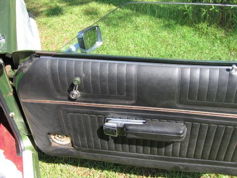 1973 Ford Ranchero - Close-up of a car's interior door panel, showing the black upholstery, chrome accents, and window crank.