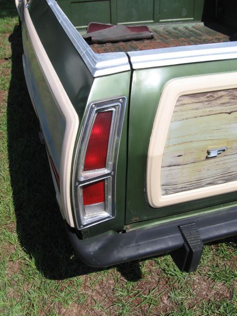 1973 Ford Ranchero - Rear view of a green pickup truck with wood grain paneling and chrome accents, parked on grass.