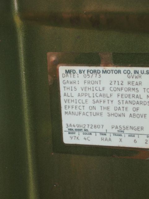 1973 Ford Ranchero - This VIN plate from a 1973 Ford Ranchero shows a manufacturing date of May 1973.