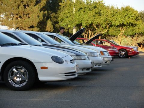 1995 Ford Taurus - A row of sedans, including a 1995 Ford Taurus, are parked outside on a sunny day.