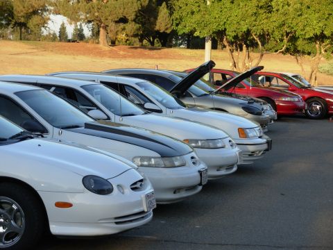 1995 Ford Taurus - A row of cars, including a white Ford Taurus with a black hood stripe, are parked outdoors.