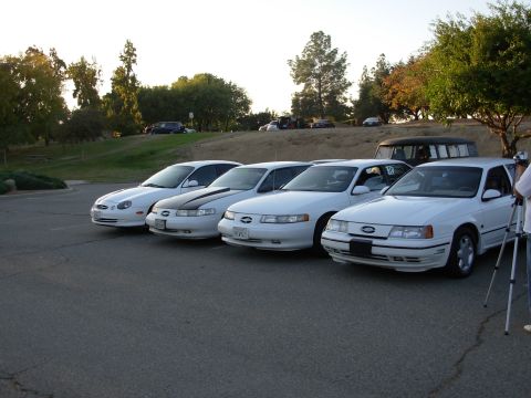 1995 Ford Taurus - A lineup of four white 1995 Ford Taurus sedans is captured from a three-quarter front view.