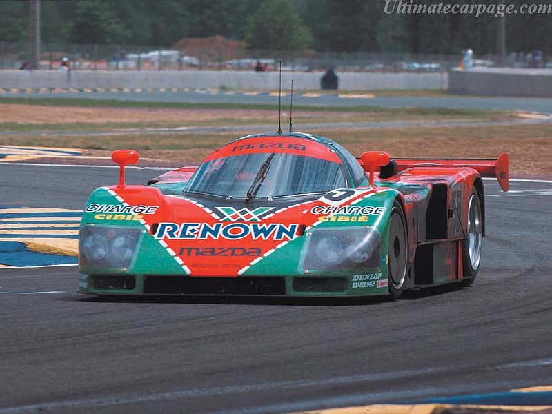 Mazda 787B race car with Renown livery on track