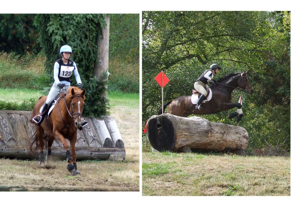 Horse and rider jump over a log obstacle during an equestrian event. Another rider is approaching a wooden obstacle