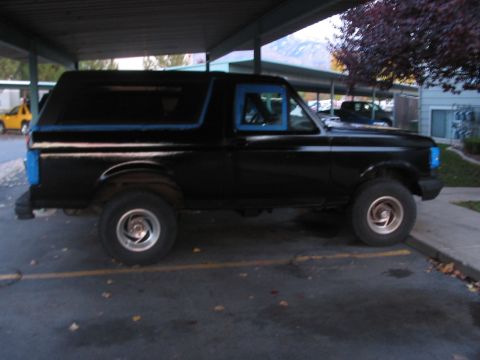 1991 Ford Bronco - This 1991 Ford Bronco is parked under a carport, showing its side profile with distinctive blue trim accents.