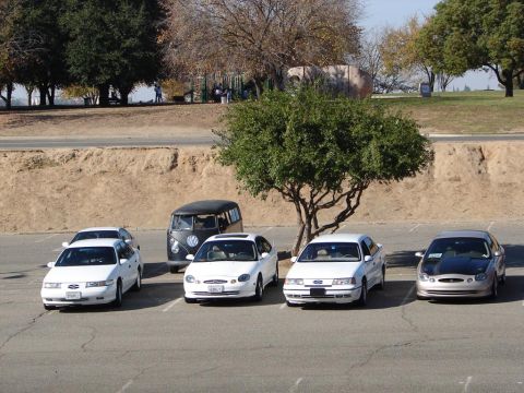 1992 Ford Taurus - A lineup of white Ford Taurus sedans, one with a contrasting black hood, parked together in a lot alongside a black van.