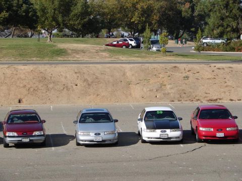 1992 Ford Taurus - Four Ford Taurus sedans are parked in a lot, showing off their front views.