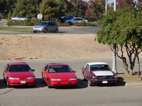1992 Ford Taurus - A 1965 Ford Mustang is parked next to two red sedans, with a van and other vehicles in the background.