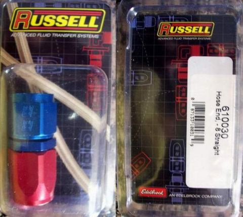 1978 Ford Mustang II - Close-up of Russell brand advanced fluid transfer system hose end fittings in their packaging.