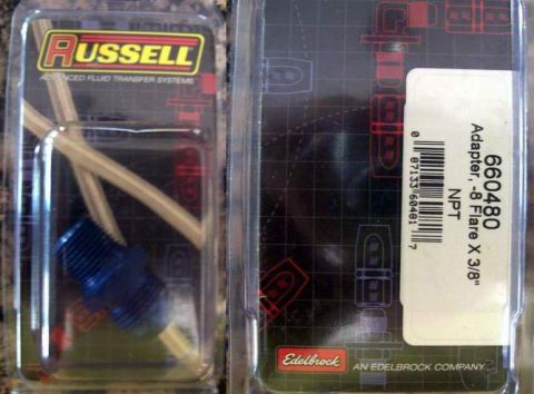 1978 Ford Mustang II - Two packaged automotive parts are displayed, one from Russell and one from Edelbrock.