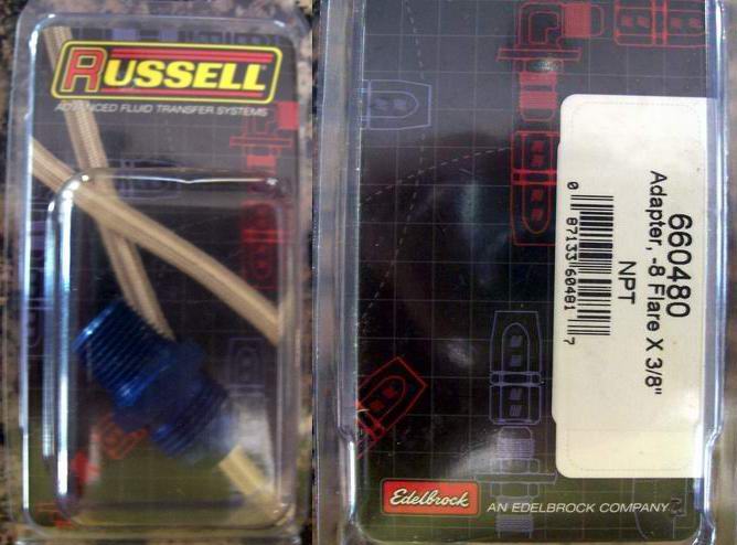 Two packaged automotive fluid transfer system parts, one Russell and one Edelbrock adapter
