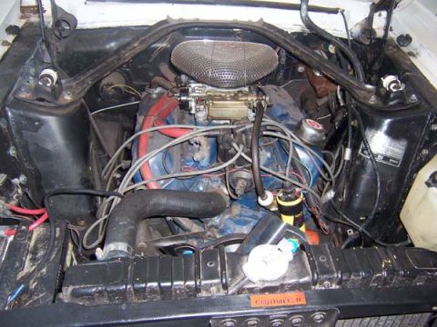 1968 Ford Mustang - The engine bay of a 1968 Ford Mustang shows its V8 engine, carburetor, and associated components.