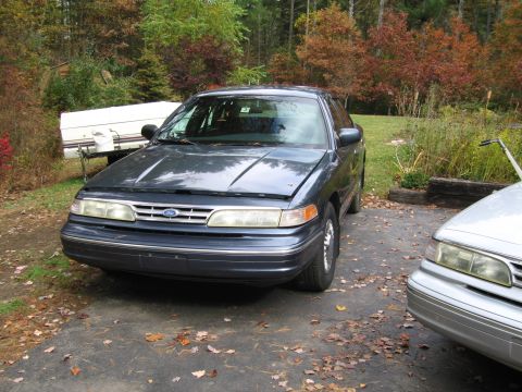 1991 Ford LTD Crown Victoria - Two Ford Crown Victorias parked outside in autumn. One is dark blue, the other is silver.