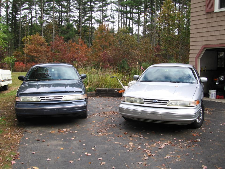Two Ford Crown Victorias parked in a driveway with trees in the background. One is dark blue, the other is silver
