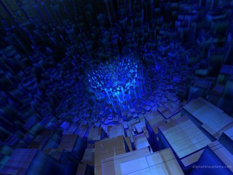 1979 Ford F-150 - A digital scene depicts a city of blue blocks with a bright, glowing center.