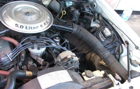 1985 Ford LTD Crown Victoria - The engine bay of a 1985 Ford Crown Victoria LTD, the 5.0 Liter EFI air cleaner and associated engine components.