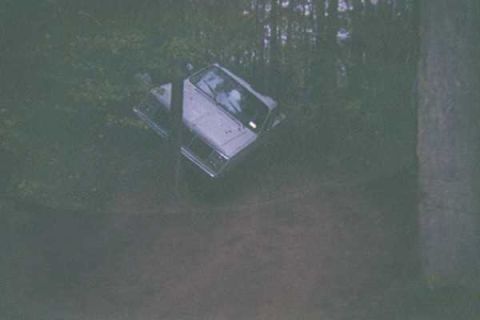 1978 Ford Bronco - A white 1978 Ford Bronco is seen tilted on its side amidst trees and foliage.