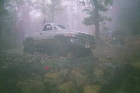 1978 Ford Bronco - A white pickup truck navigates a rough, off-road path through a misty forest.
