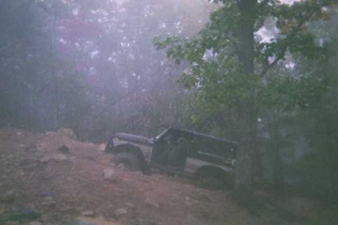 1978 Ford Bronco - A black 1978 Ford Bronco navigates a steep, muddy incline surrounded by dense foliage.