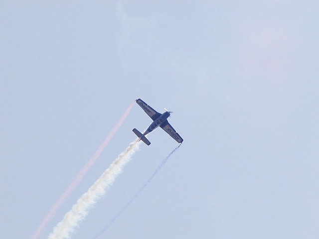 T-34 (Trainer).  Woman pilot.  Always flys to the song "God Bless America."