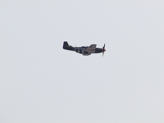 P-51 Mustang style fighter plane in flight against an overcast sky