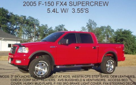 1994 Ford Bronco - This red 2005 Ford F-150 SuperCrew pickup truck is shown from the front three-quarter view.