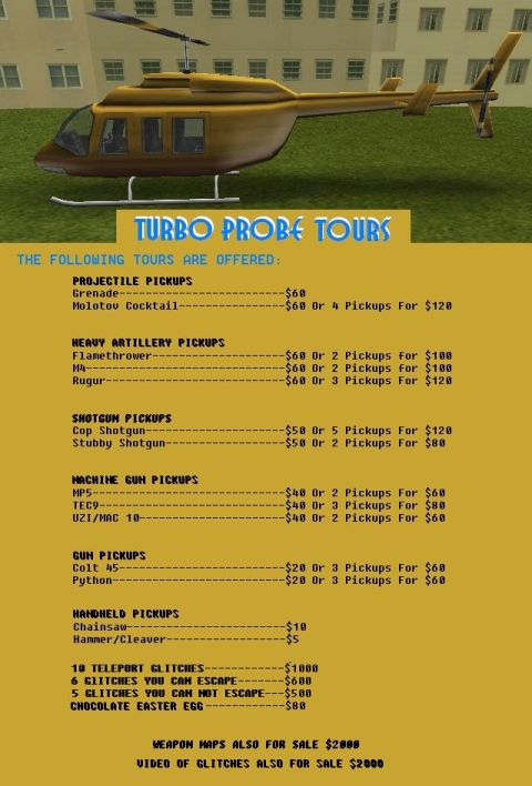 1990 Ford Probe - A helicopter is shown with a list of tours and prices offered by "Turbo Probe Tours".