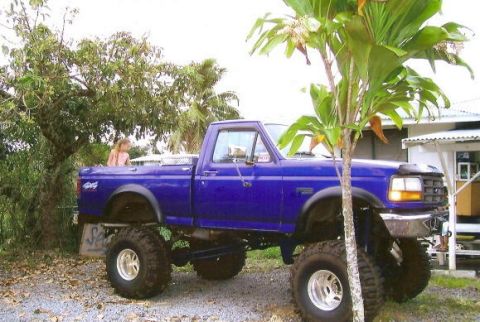 1974 Ford F-100 - This lifted pickup truck is parked outside near some trees and a building.