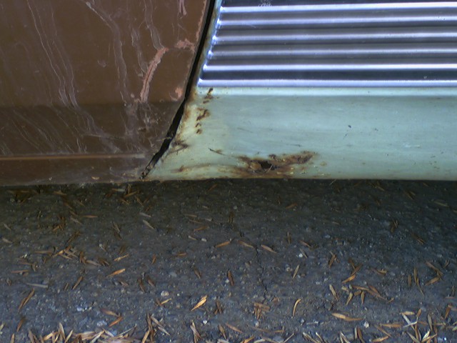 Brown car door bottom with rust and chrome trim, viewed from a low angle