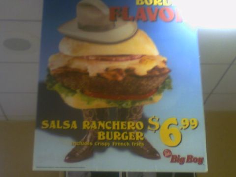 1973 Ford Ranchero - Advertisement for the Salsa Ranchero Burger, a burger dressed in cowboy attire.