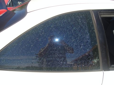1997 Ford Probe - The rear window of a white car is shattered, showing a reflection of the photographer.