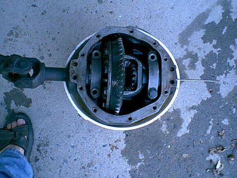 1983 Ford Bronco - I put the pig into a bucket to remove the main caps the shaft on the left is held in with a C-clip.