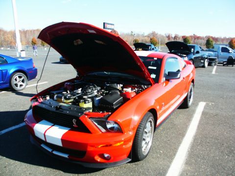 2001 Mercury Grand Marquis - A bright red Ford Mustang Shelby GT500 is displayed with its hood open, parked in a lot with other vehicles.
