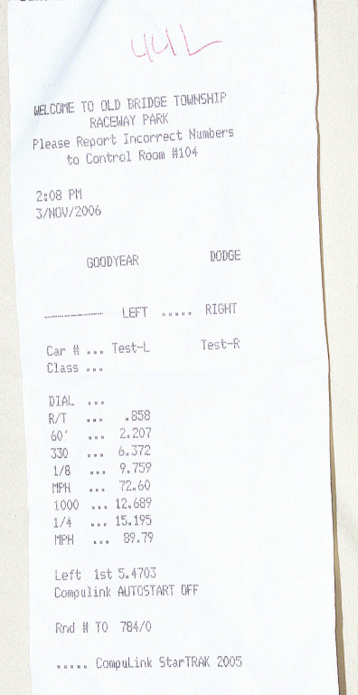 2001 Mercury Grand Marquis - A drag strip time slip shows race results from Old Bridge Township Raceway Park.